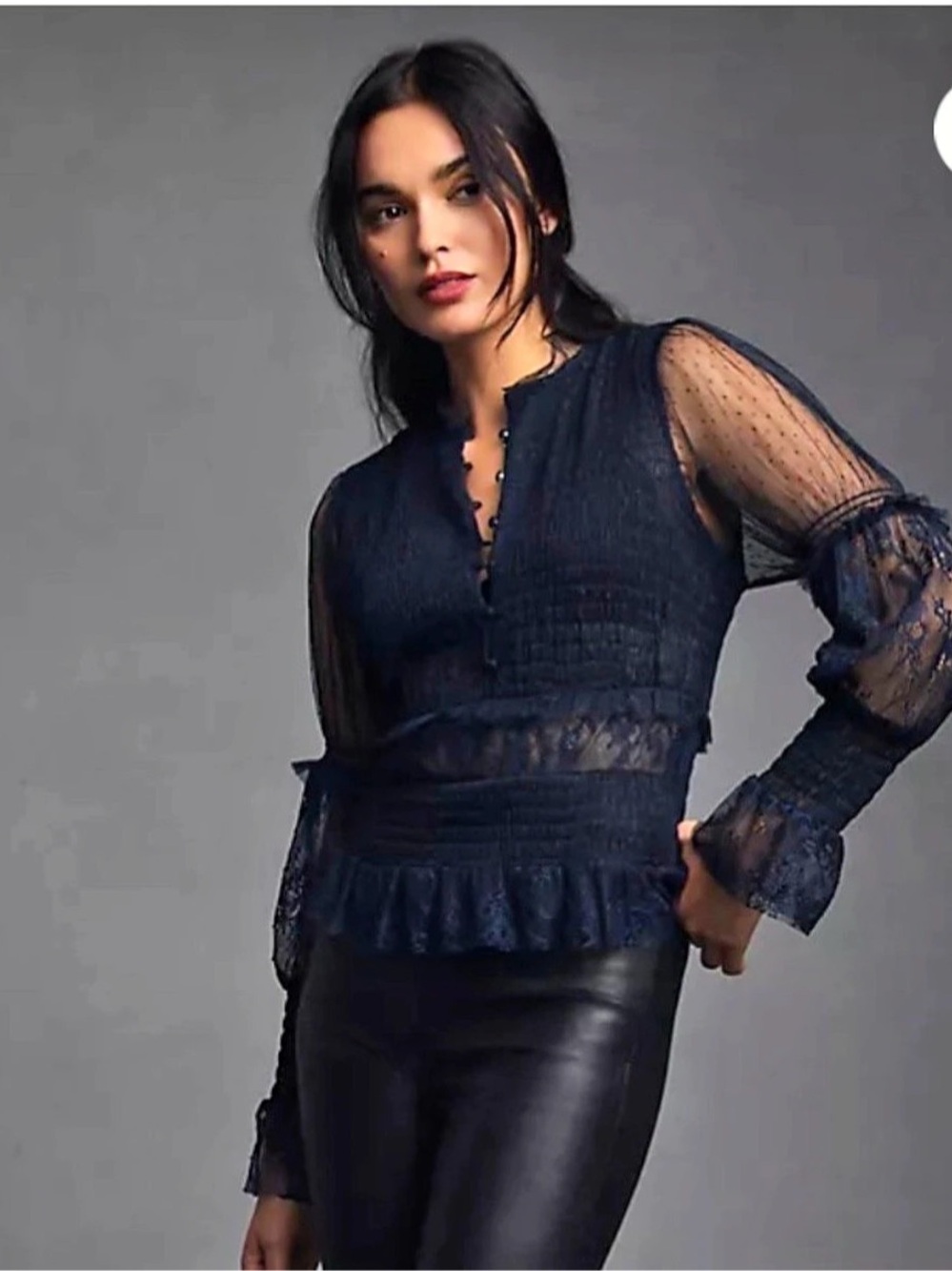 Anthropologie Sheer Lace Peplum Blouse in Blue Like New